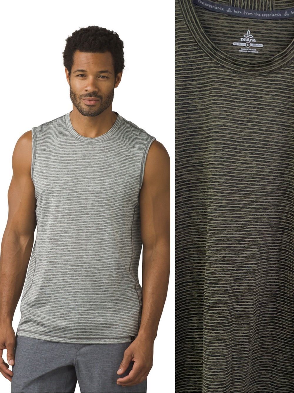 Prana Hardesty Muscle Tank Top L Large in Dark Army Green and Black Stripe